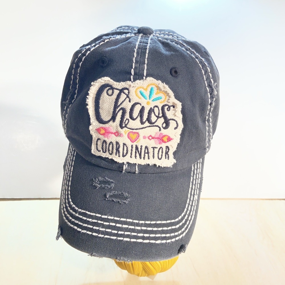 Chaos Coordinator Hat Cap Strap Back Distressed Patch Black Cotton Adjustable